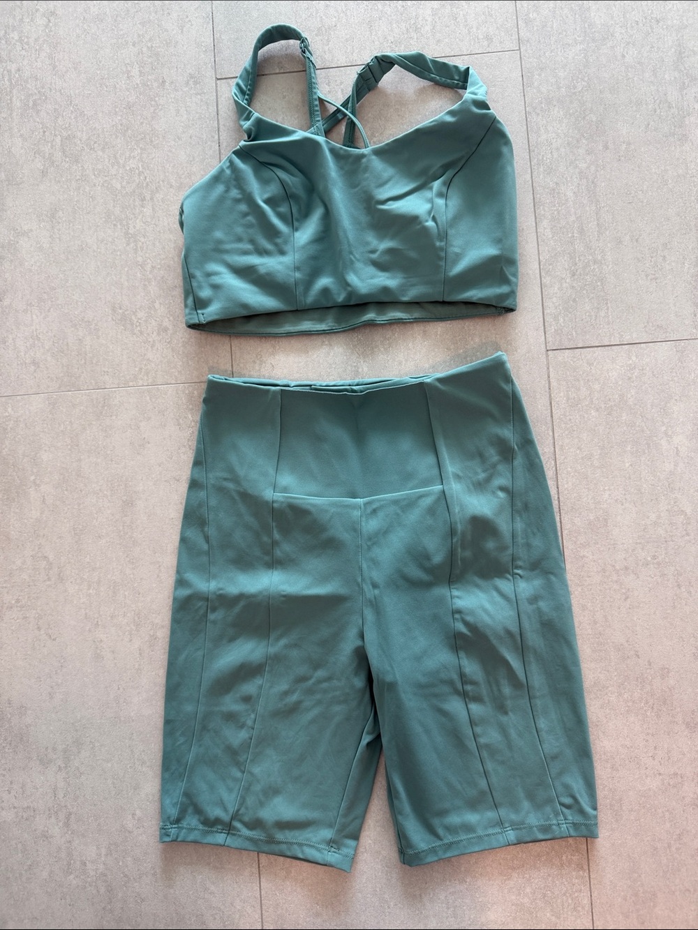 Oysho Seafoam Green High-Waist Biker Shorts with Matching Crop Top
